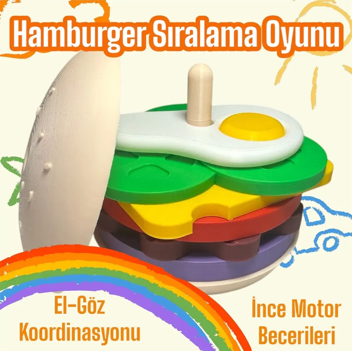 3D baskı montessori hamburger sıralama oyunu, çocuklar için renkli katmanlı parçalarla el-göz koordinasyonu ve ince motor becerisi geliştiren eğitici oyuncak.