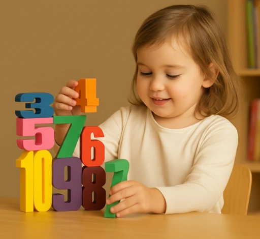 Eğitici sayı bloklarını dikkatle üst üste dizerek temel matematik yeteneğini geliştiren kız çocuğu