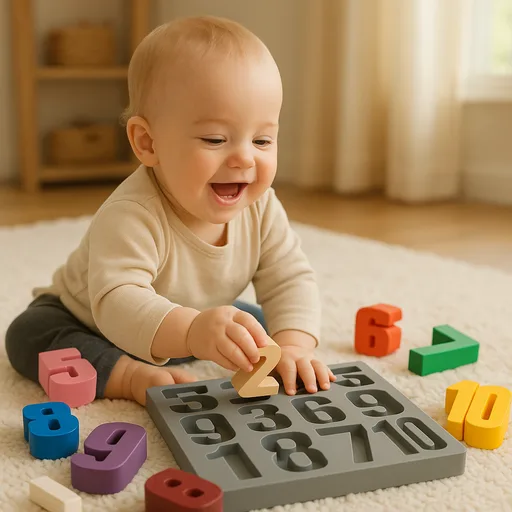 Eğitici sayı bulmacası ile oynayarak ince motor becerilerini geliştiren mutlu bebek