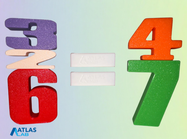 3D baskı Montessori sayı bloklarıyla oluşturulmuş 3+2+6=4+7 toplama işlemi örneği, renkli PLA malzeme.