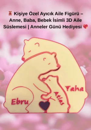 Kişiye Özel Ayıcık Aile Figürü – Anne, Baba, Bebek İsimli 3D Aile Süslemesi | Anneler Günü Hediyesi