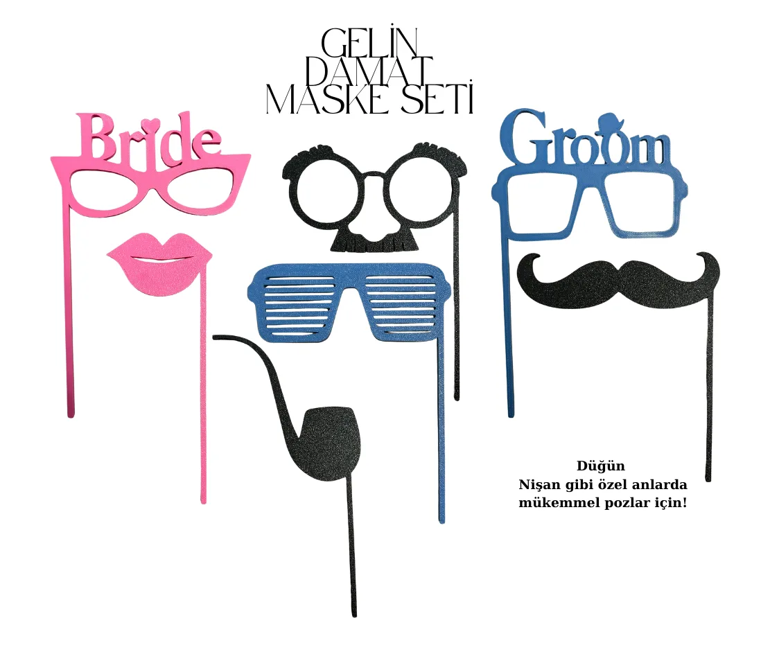 Gelin Damat 3D Baskı Parti Maskesi Seti – Düğün & Nişan Pozları İçin Eğlenceli Aksesuar