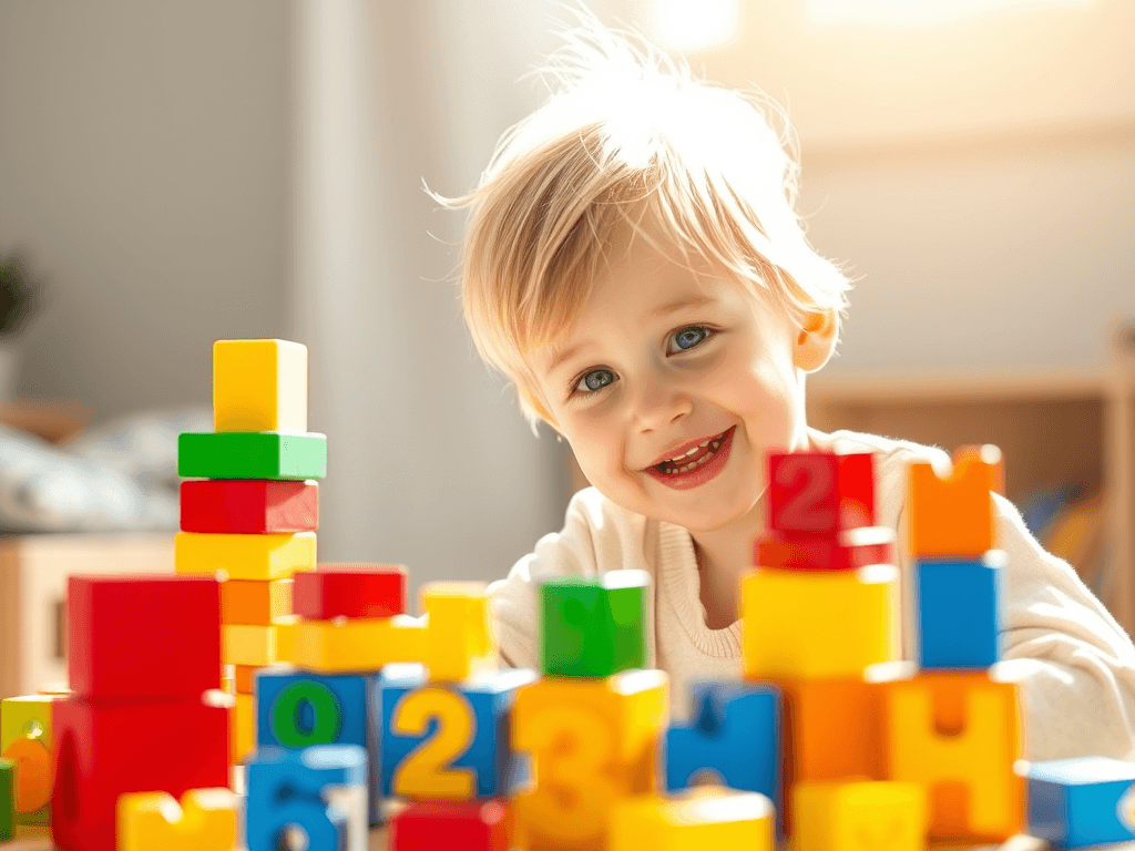 Renkli sayı bloklarıyla oynayan mutlu çocuk, doğal ışıkla aydınlanan bir ortamda