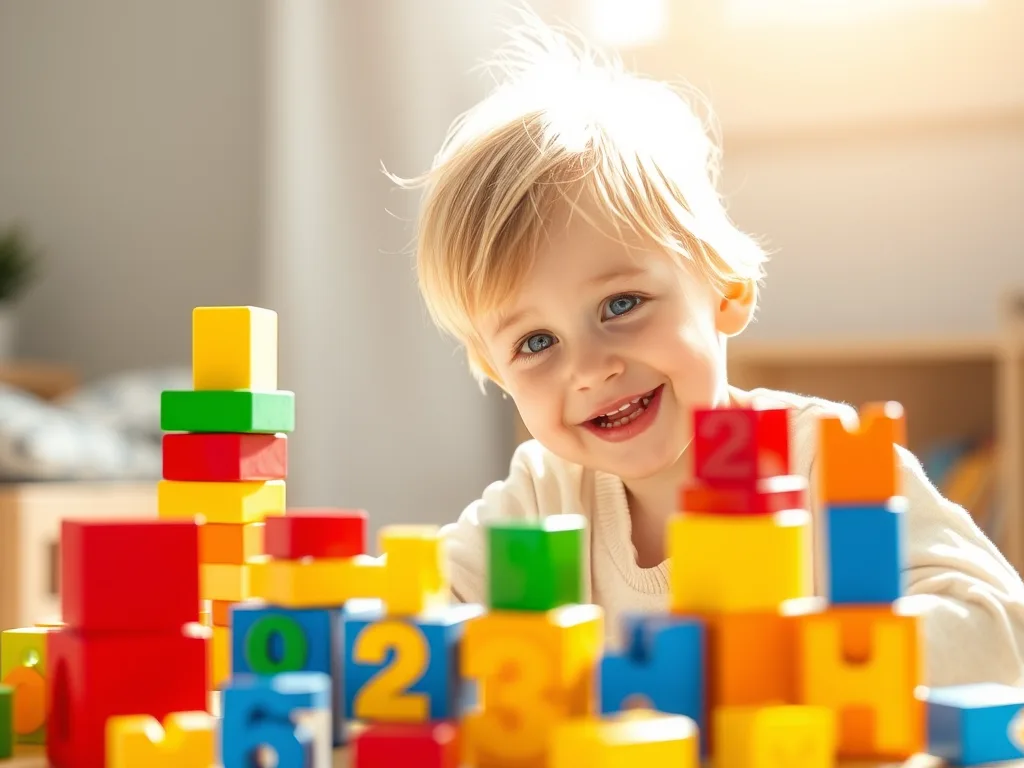 Renkli sayı bloklarıyla oynayan mutlu çocuk, doğal ışıkla aydınlanan bir ortamda